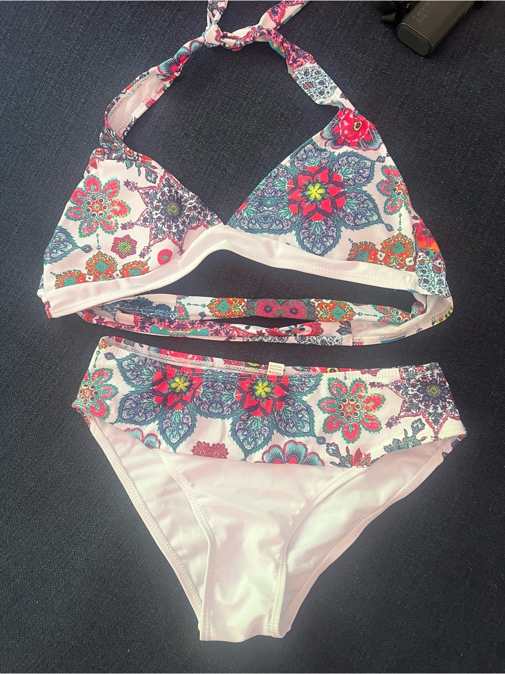 Floral Halter Bikini Set in White with Multicolor Print